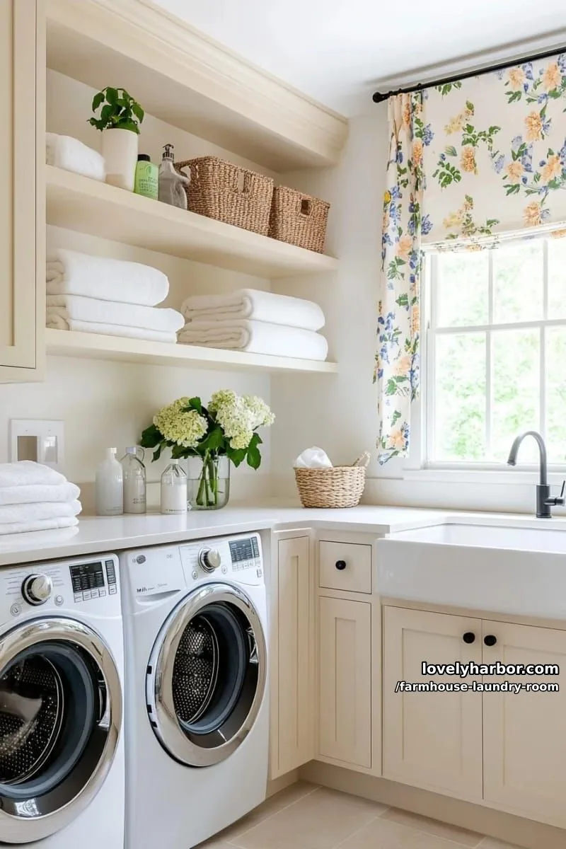 21 Farmhouse Laundry Rooms with Charming Designs 25 bright farmhouse laundry with cream cabinetry, open shelving, and floral curtain. 1