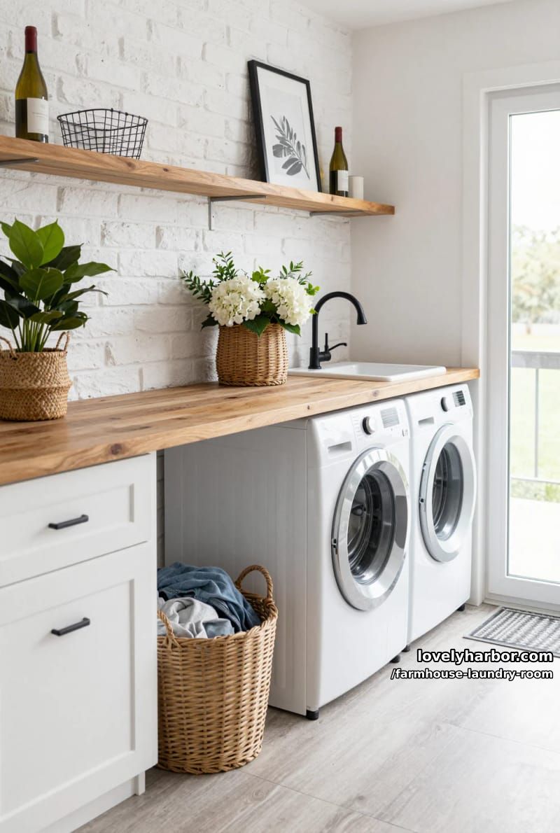 21 Farmhouse Laundry Rooms with Charming Designs 4 bright laundry room with white brick wall, rustic countertop, and decorative baskets. 1