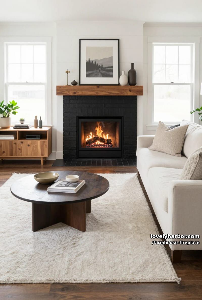bright living room with black brick fireplace and white shiplap walls. 1