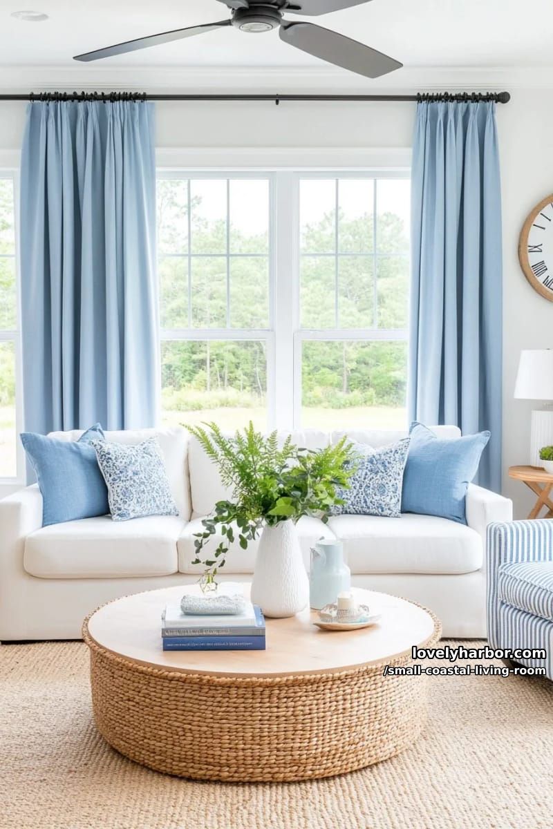 19 Small Coastal Living Room Ideas for Effortless Style 10 bright living room with blue curtains, white sofa, striped armchair, and woven table 1