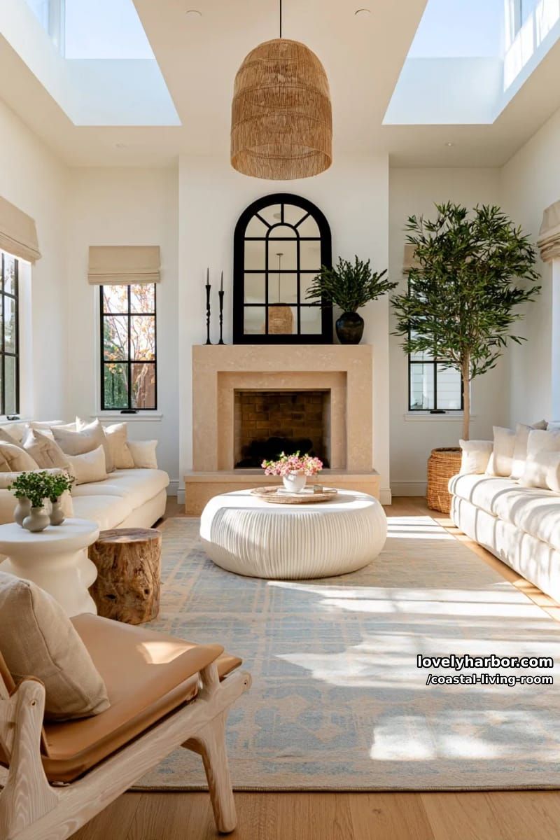 bright living room with fireplace, arched mirror, neutral sofas, and ribbed coffee table. 1