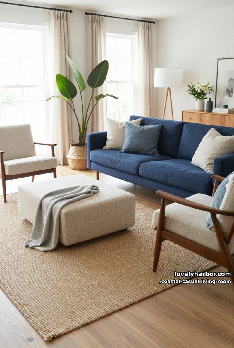 bright living room with navy sofa, mid-century chairs, and jute rug. 1