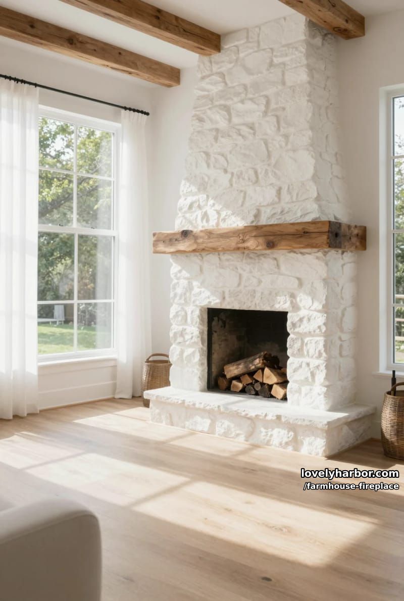 bright living room with tall stone fireplace and exposed beams. 1