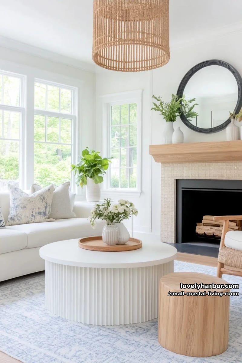19 Small Coastal Living Room Ideas for Effortless Style 13 bright living room with white sofas, fireplace, blue rug, and rattan pendant 1