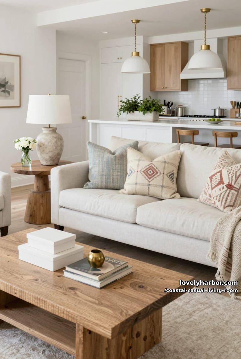 bright living room with woven coffee table, neutral sofa, and gold accents. 1