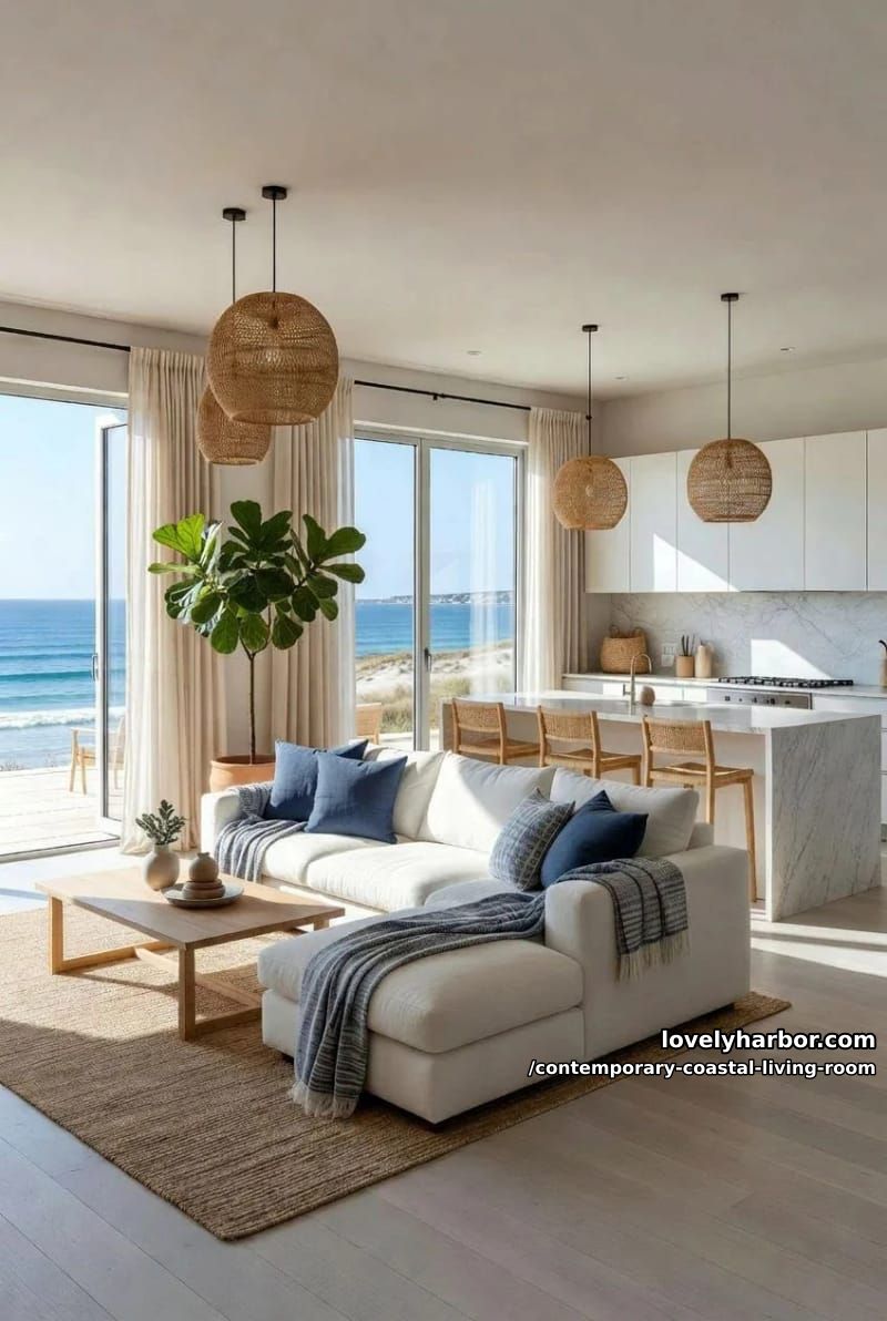 19 Contemporary Coastal Living Rooms With Clean Modern Edge 20 bright open-plan living and kitchen, white sectional, blue pillows, natural textures. 1