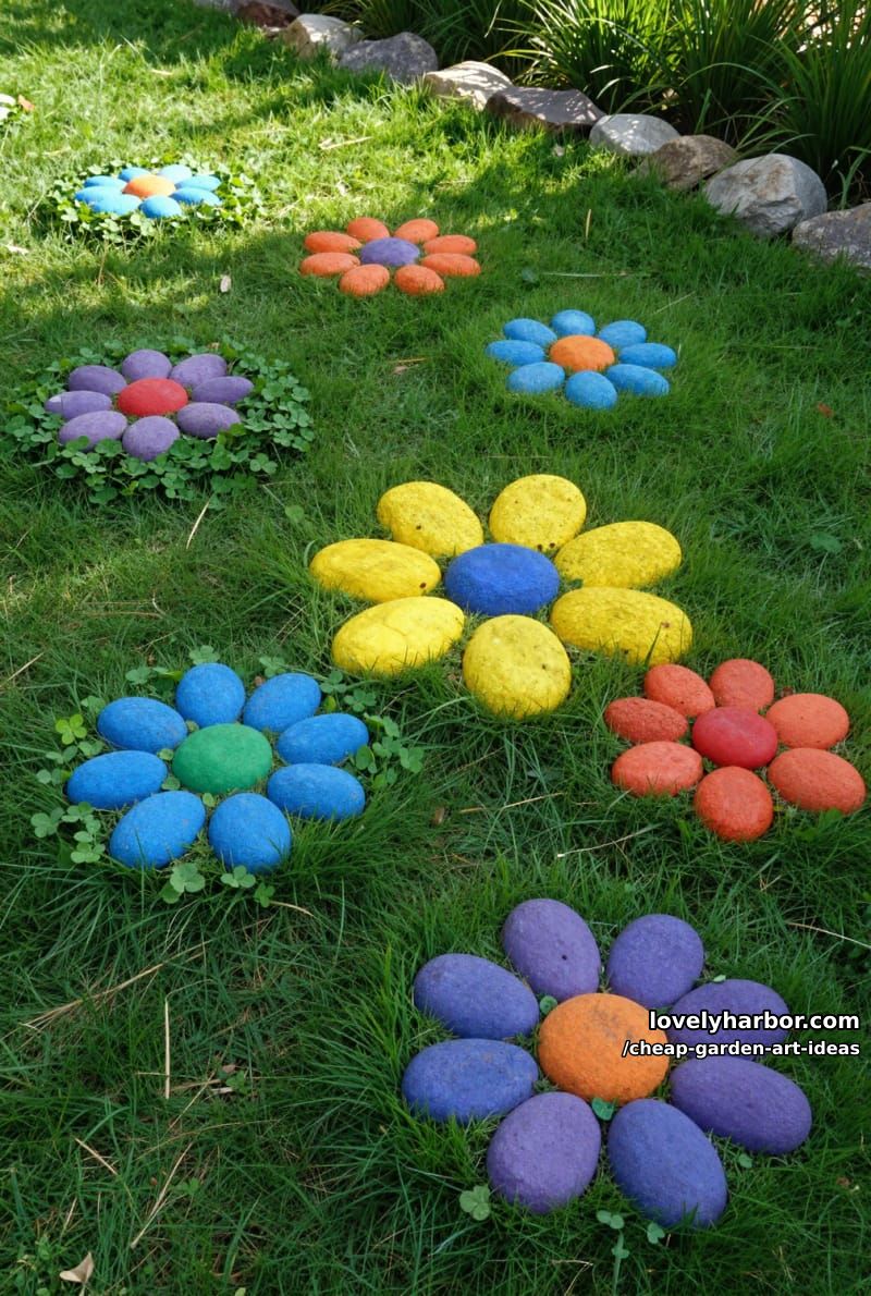 brightly painted stone flowers scattered in a lush green grassy garden. 1