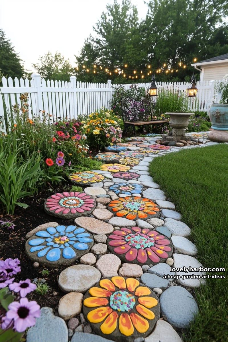 brightly painted stone flowers scattered in a lush green grassy garden. 1