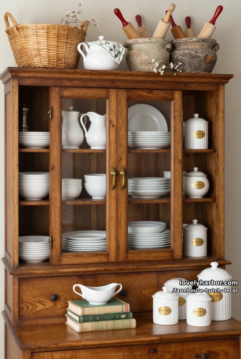 22 Farmhouse Hutch Decor Inspirations to Elevate Your Space 13 brown carved hutch with white ceramics, vintage canisters, and rolling pins. 1