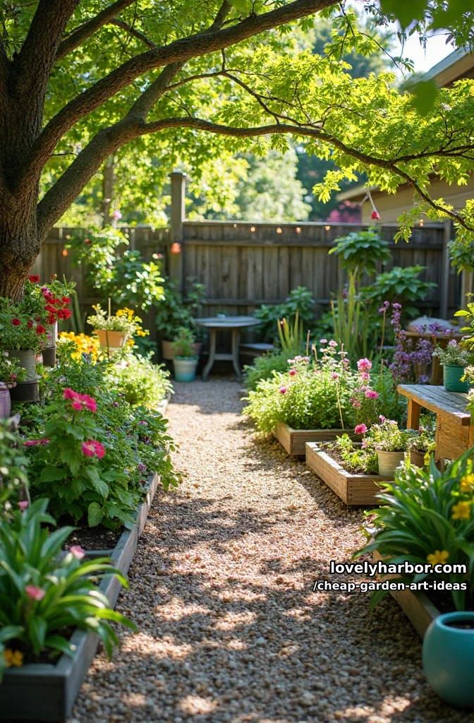 budget-friendly garden: gravel paths, potted plants, raised beds, and decor. 1