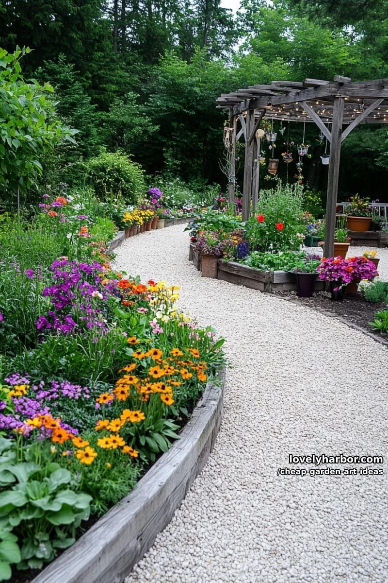 budget-friendly garden: gravel paths, potted plants, raised beds, and decor. 1