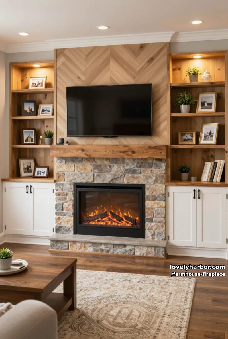 built-in entertainment wall with electric fireplace and chevron accent. 1