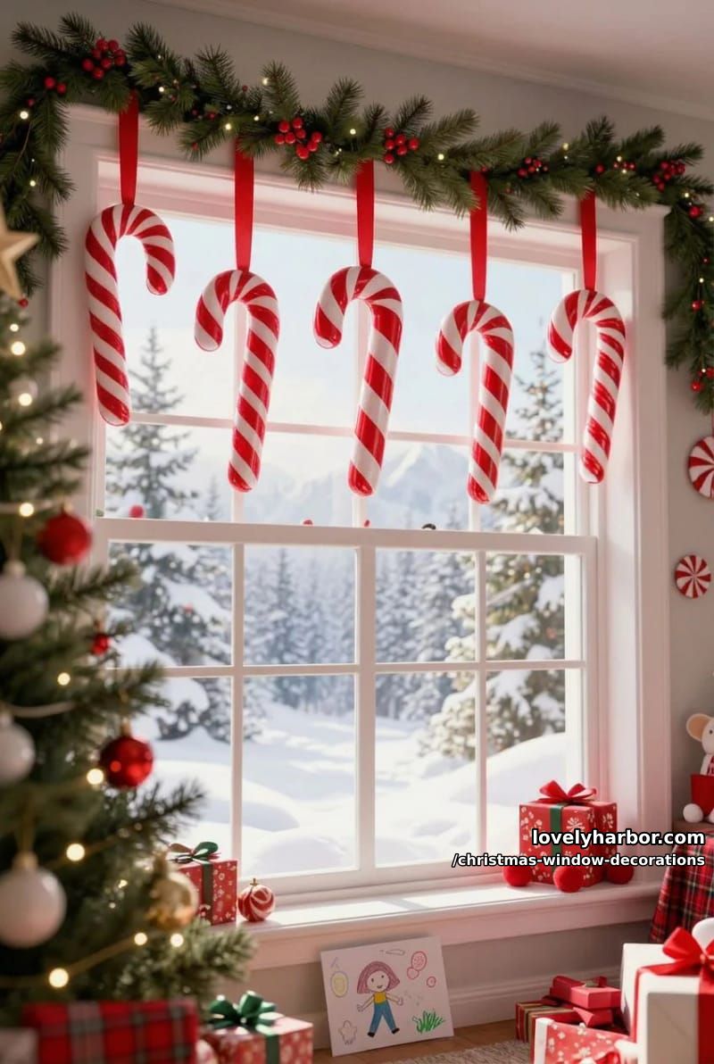 Christmas Window Decorations: 12 Ideas for Glow That Reads From the Street and the Sofa 23 candy-cane and peppermint accents for a kid-facing window 1