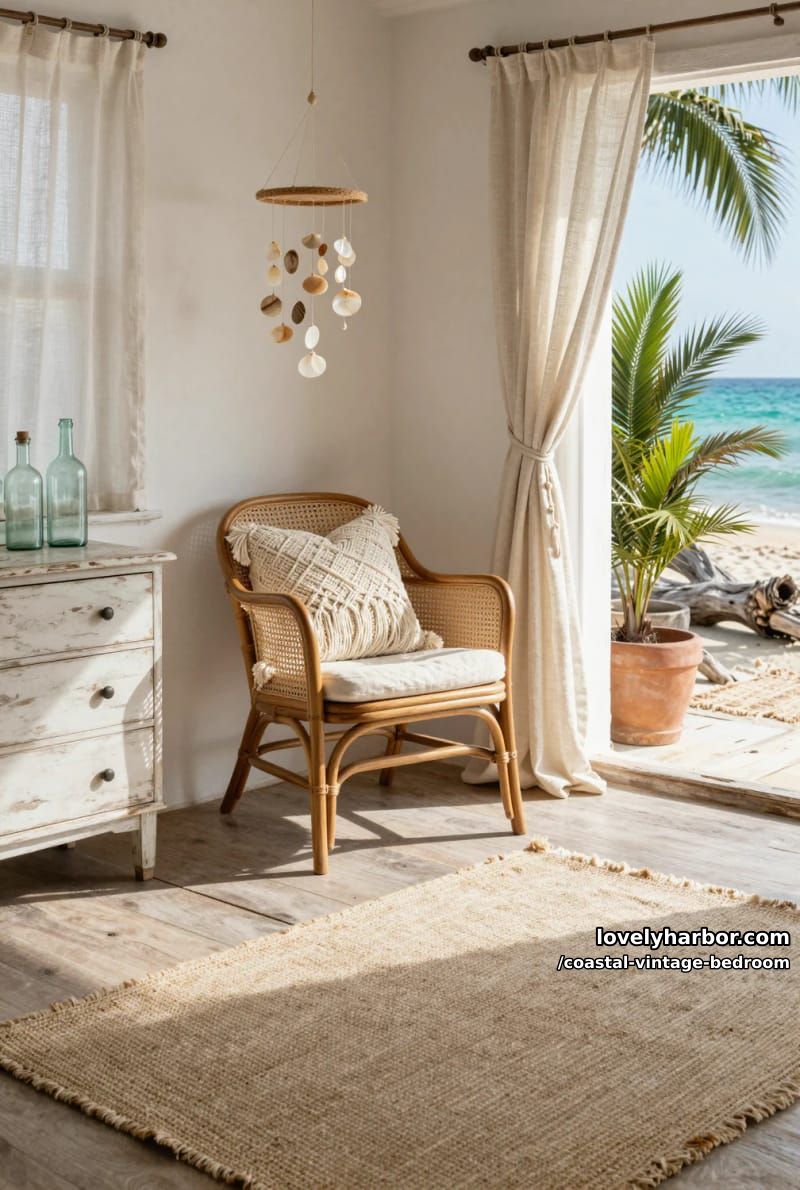 15 Coastal Vintage Bedrooms to Inspire Your Retreat 18 cane chair in corner with macramé pillow and shell mobile 1