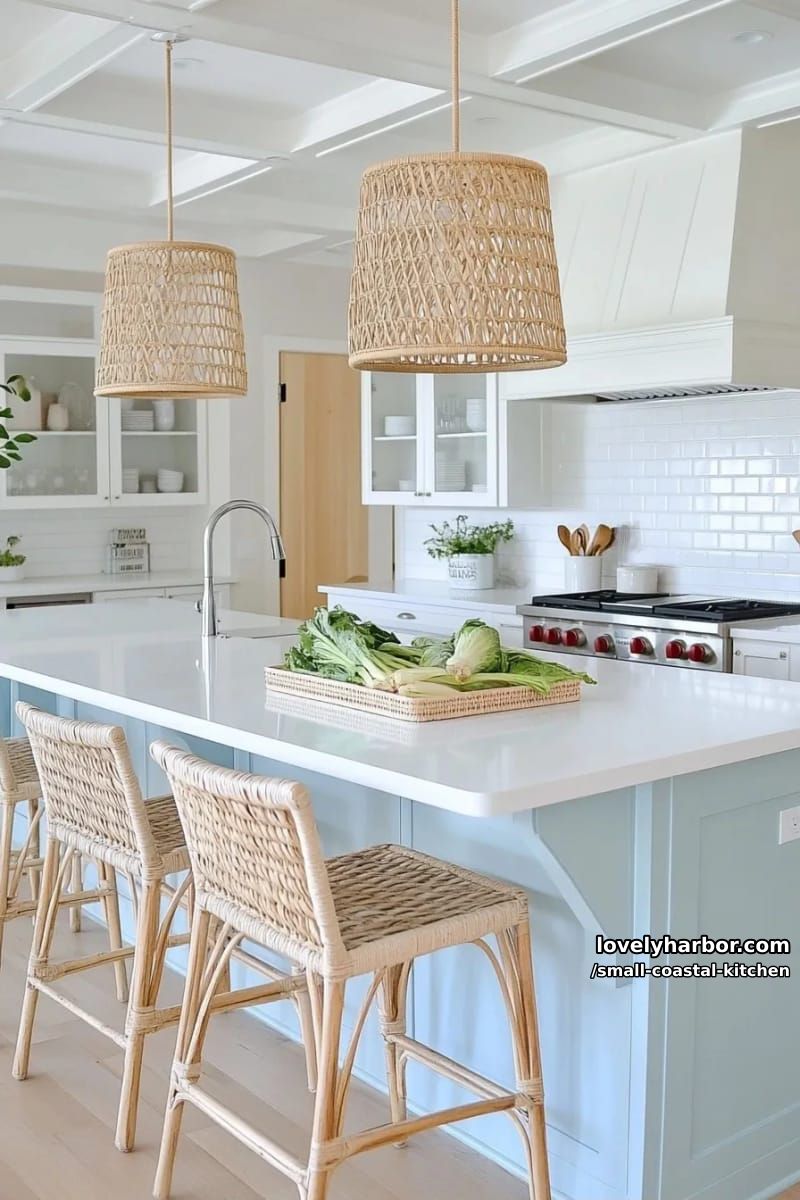 20 Small Coastal Kitchen Ideas for a Fresh, Breezy Look 19 central island, light blue cabinetry, woven bar stools, blue pendants, wood shelving 1