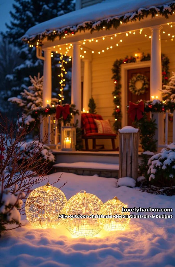 12 DIY Outdoor Christmas Decorations on a Budget That Survive a Real Winter 17 chicken wire light spheres 1