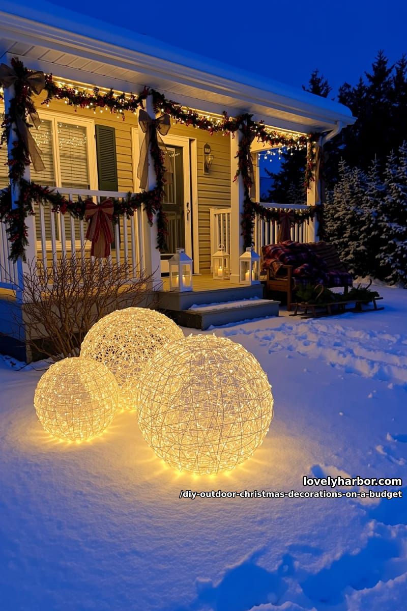 12 DIY Outdoor Christmas Decorations on a Budget That Survive a Real Winter 18 chicken wire light spheres 1