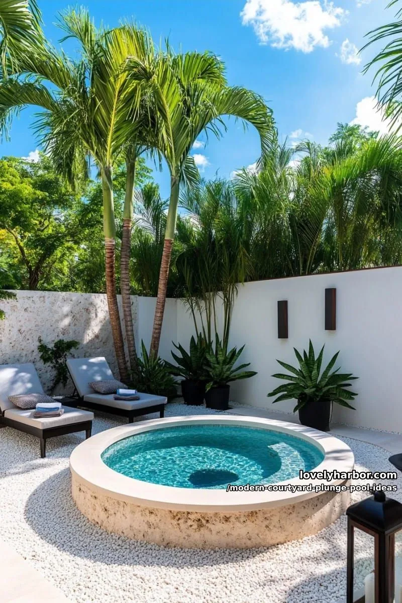 circular plunge pool set in gravel with modern chaise loungers under palm trees 1