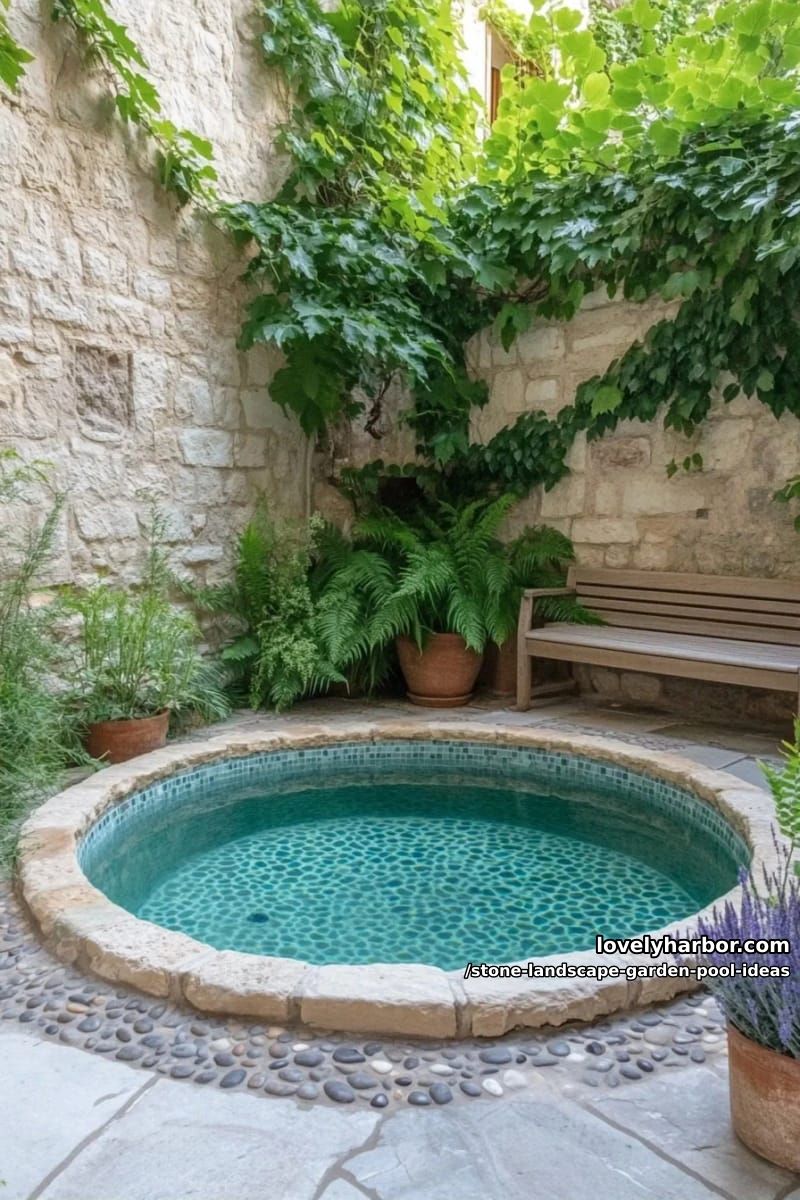 circular plunge pool with pebble mosaic floor and ivy-clad stone walls 1