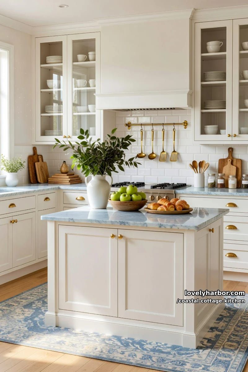 20 Coastal Cottage Kitchens With Worn-In Beach House Feel 17 classic kitchen with blue island, gold hardware, and marble countertops. 1