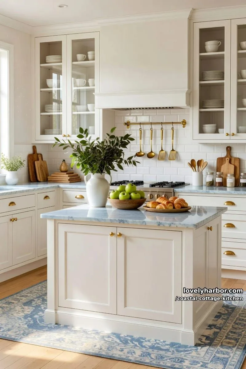 classic kitchen with blue island, gold hardware, and marble countertops. 1