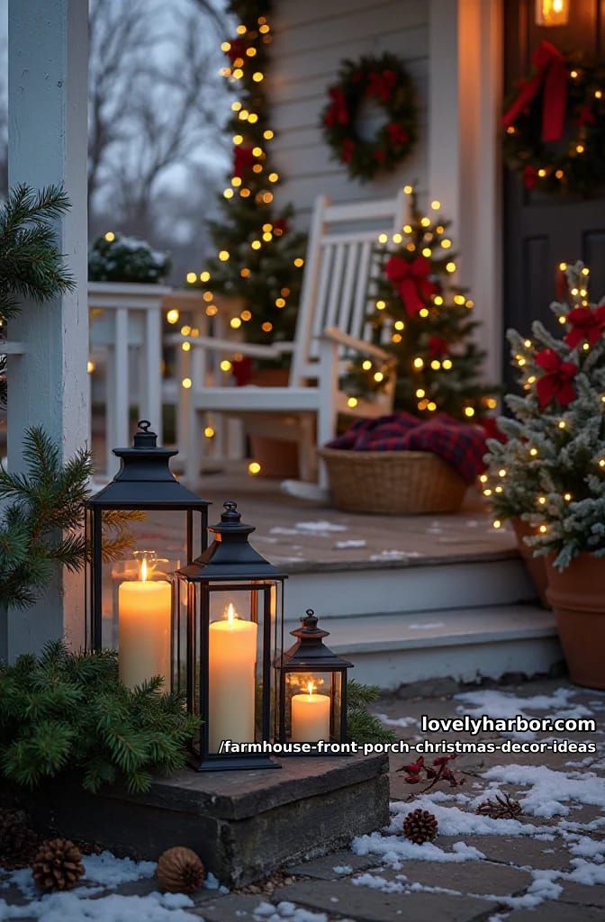 Farmhouse Front Porch Christmas Decor Ideas That Read Warm, Not Staged 11 cluster lanterns at staggered heights and skip the real flame 1