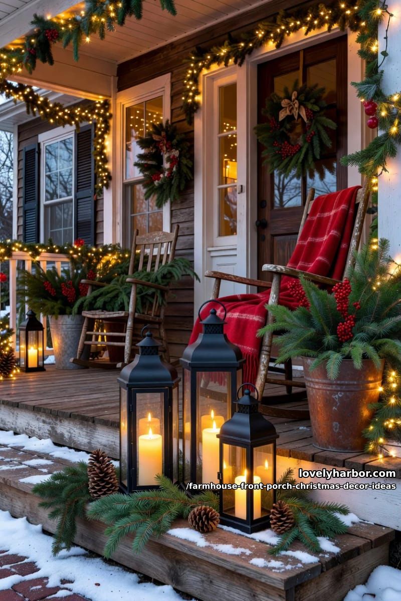 Farmhouse Front Porch Christmas Decor Ideas That Read Warm, Not Staged 12 cluster lanterns at staggered heights and skip the real flame 1
