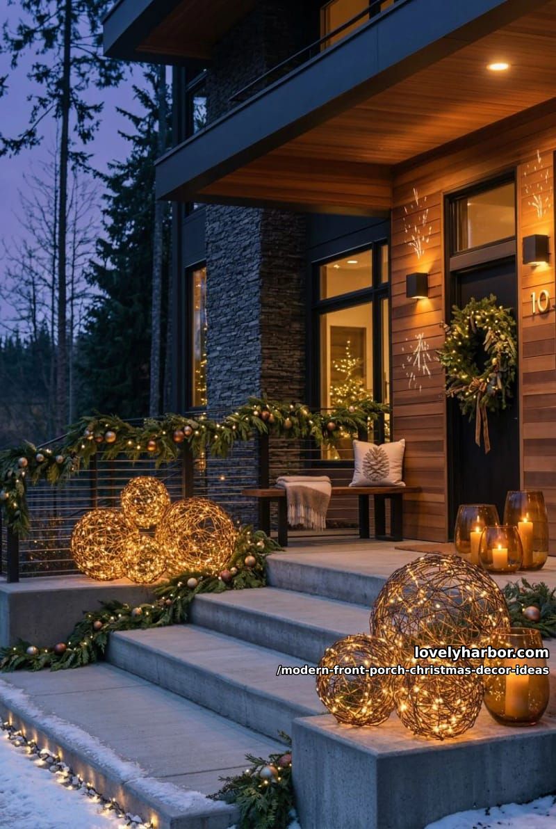 cluster lit grapevine orbs on the steps in odd numbers 1