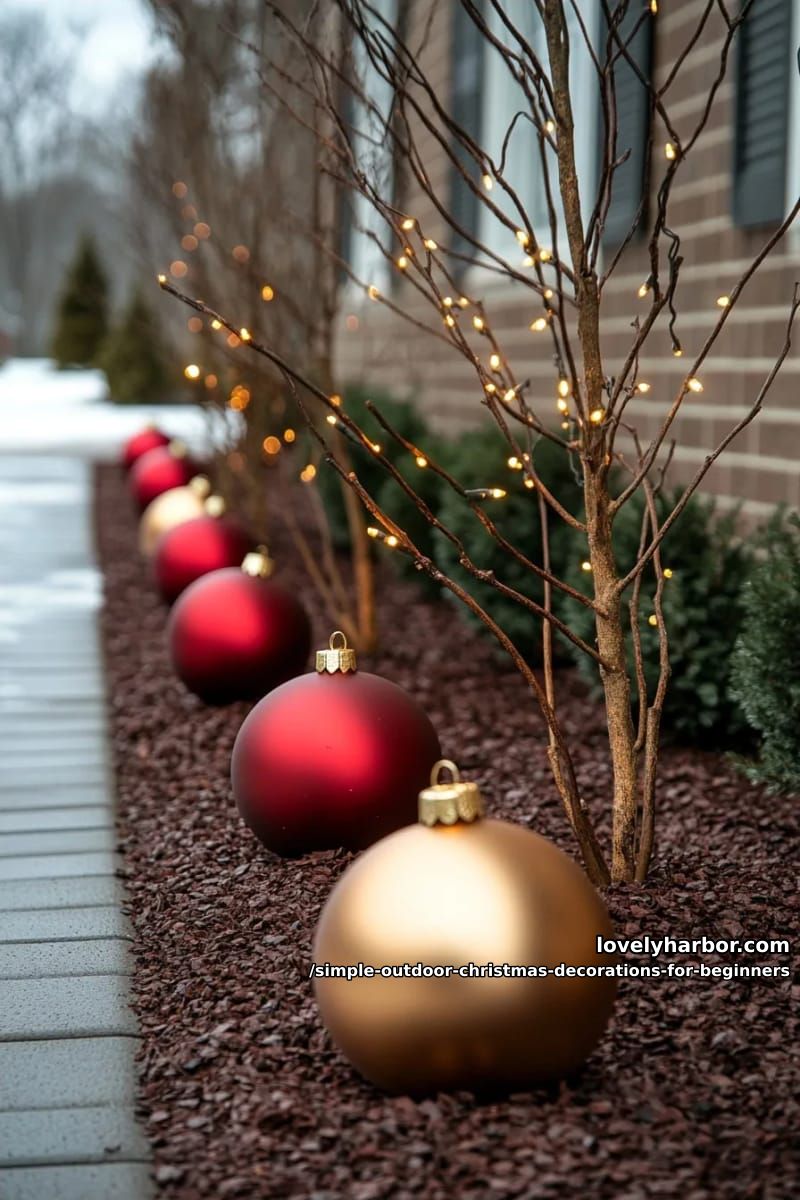 cluster oversized ornaments in a bare flower bed 1