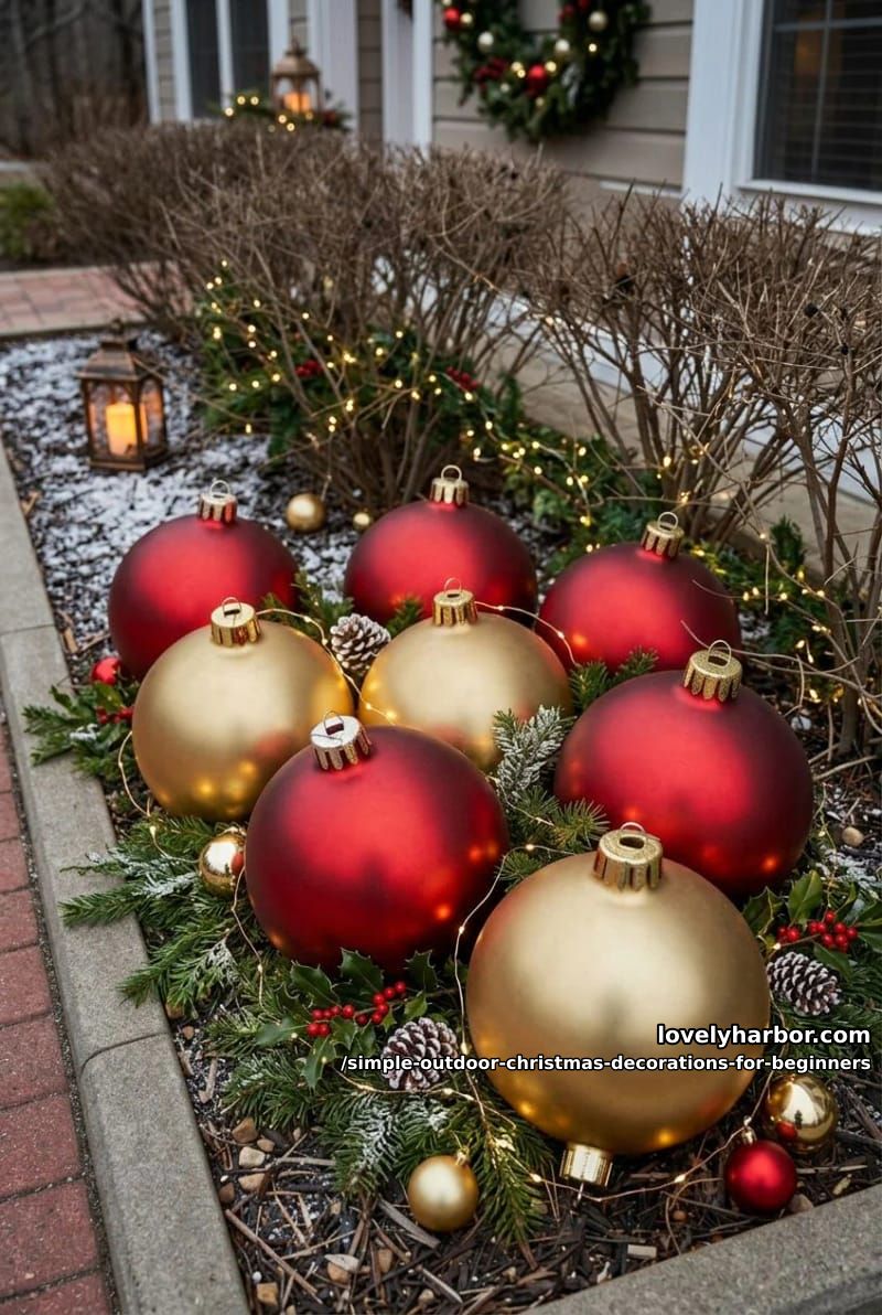 cluster oversized ornaments in a bare flower bed 1