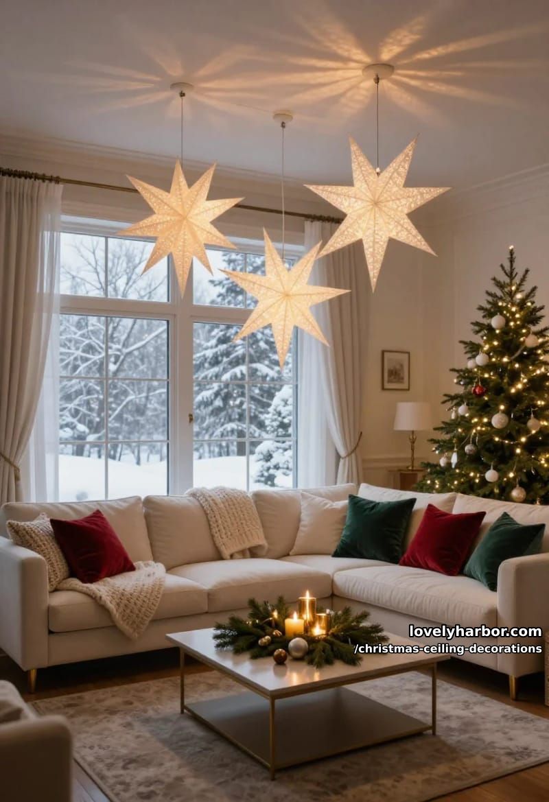 11 Christmas Ceiling Decorations That Put the Overlooked Surface to Work 7 cluster paper star lanterns into a faux chandelier 1