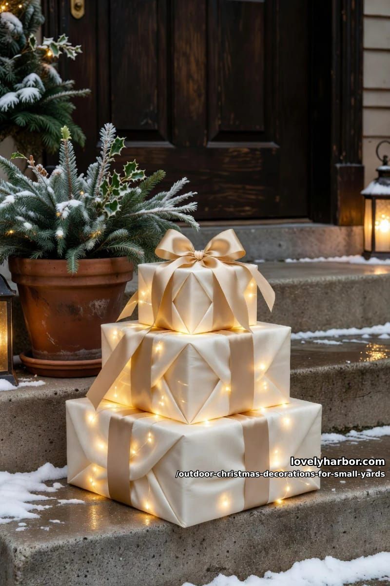 cluster three lit gift boxes at the foot of the steps 1