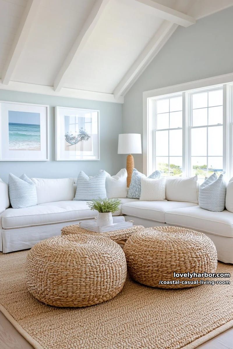 coastal chic living room with white beams, pale blue walls, and wicker accents. 1