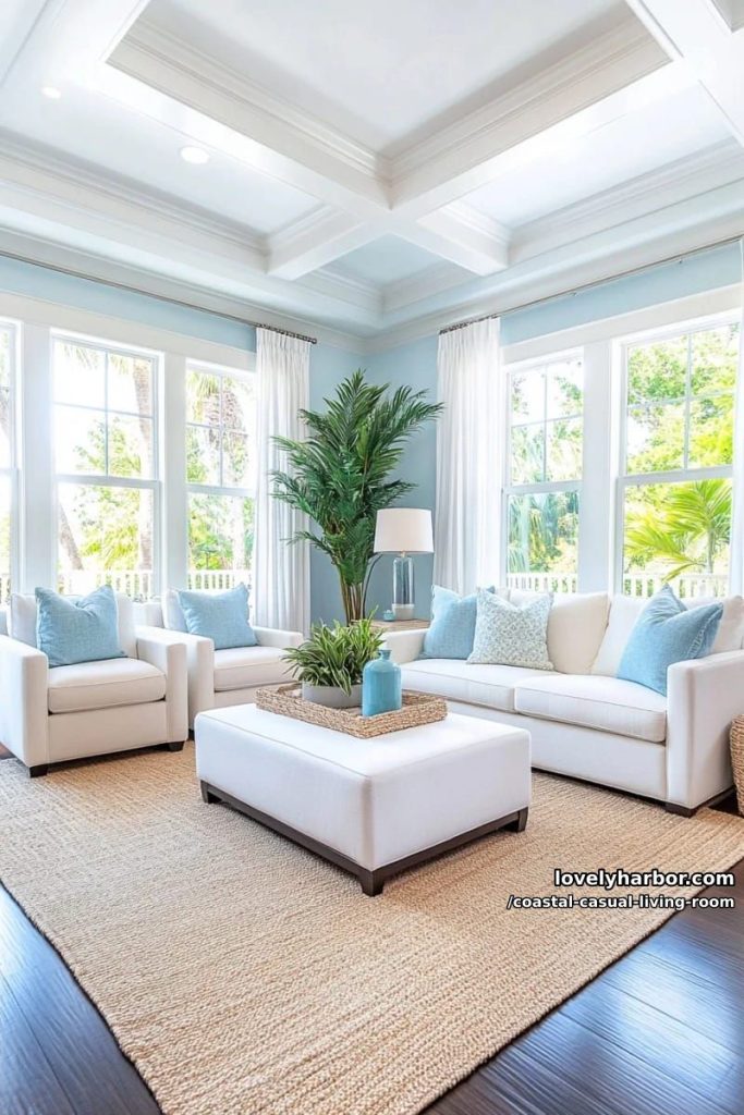 coastal-inspired living room with blue walls, white ceiling, and leafy plants. 11
