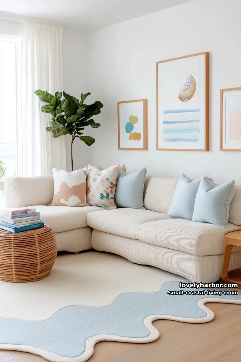 19 Small Coastal Living Room Ideas for Effortless Style 21 coastal-inspired living room with corduroy sectional, scalloped rug, playful art, and rattan decor 1