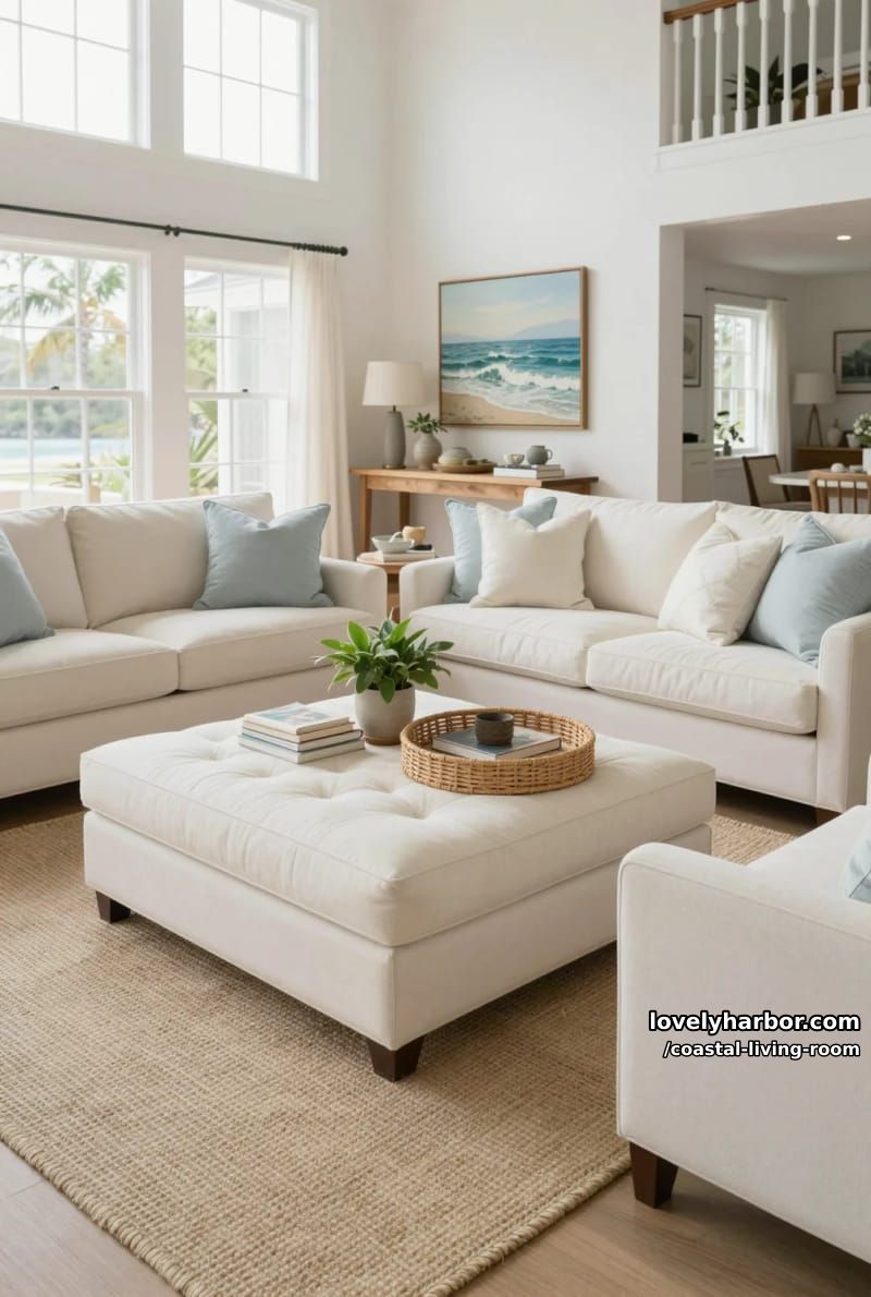 coastal-inspired living room with tufted ottoman and pale blue throw pillows. 1