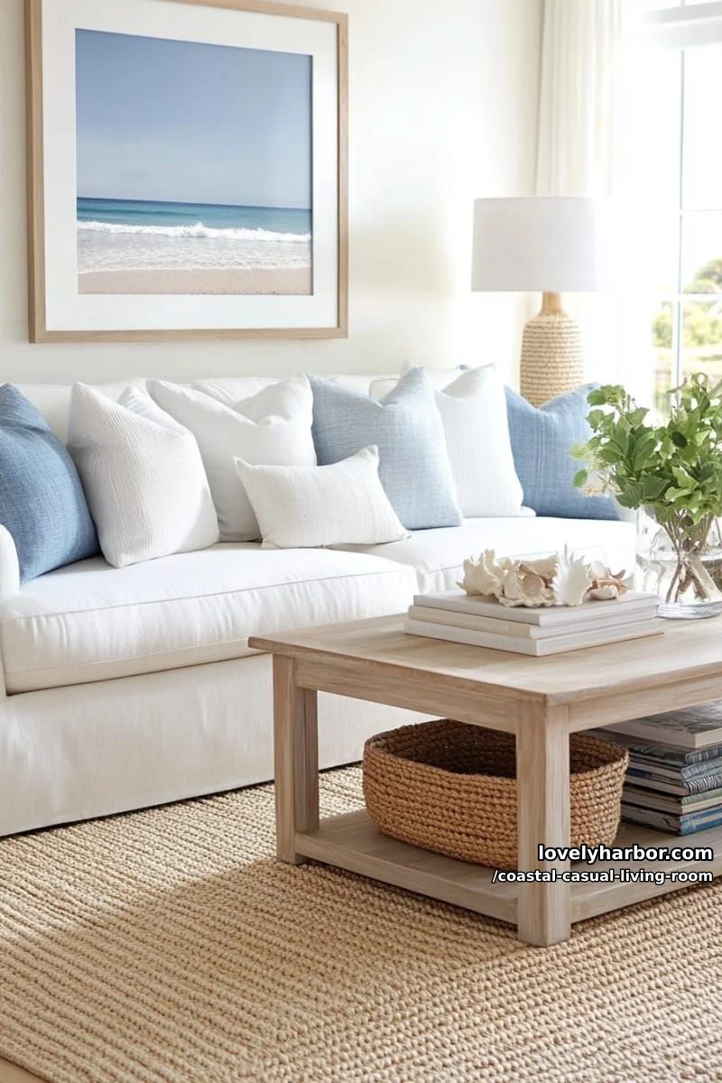 coastal-inspired living space with white sofa, blue accents, and plush textures. 1