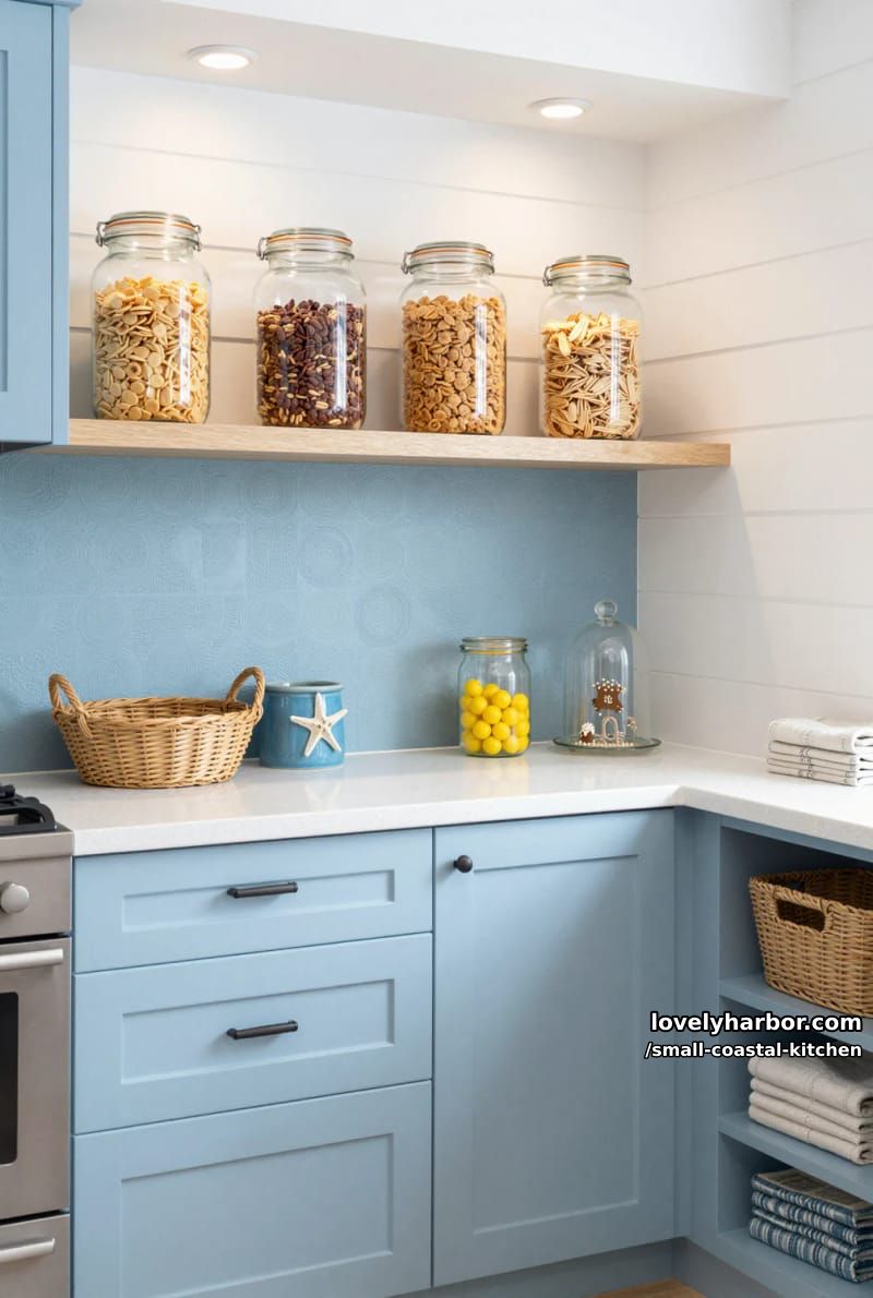 20 Small Coastal Kitchen Ideas for a Fresh, Breezy Look 17 coastal kitchen corner, blue shaker cabinets, glass jars, textured backsplash, shiplap walls 1