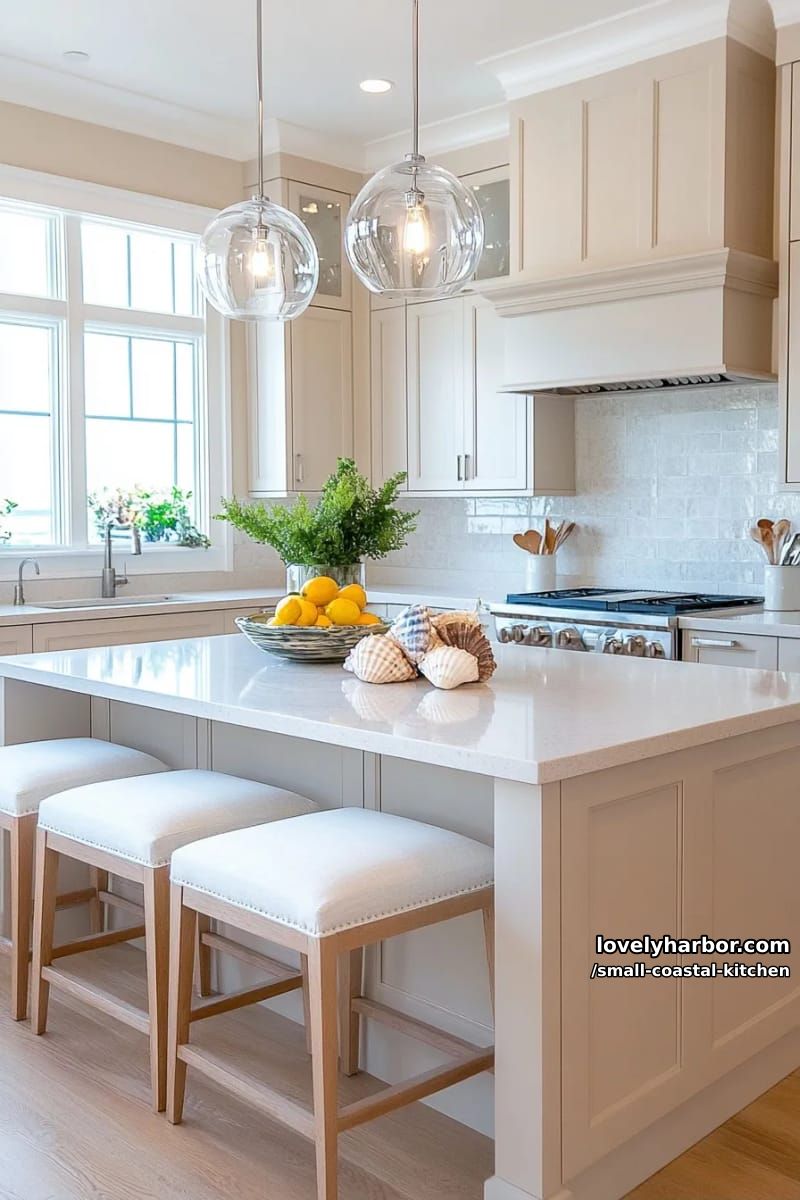 20 Small Coastal Kitchen Ideas for a Fresh, Breezy Look 12 coastal kitchen, white quartz island, seashell decor, light beige cabinetry, glass pendants 1