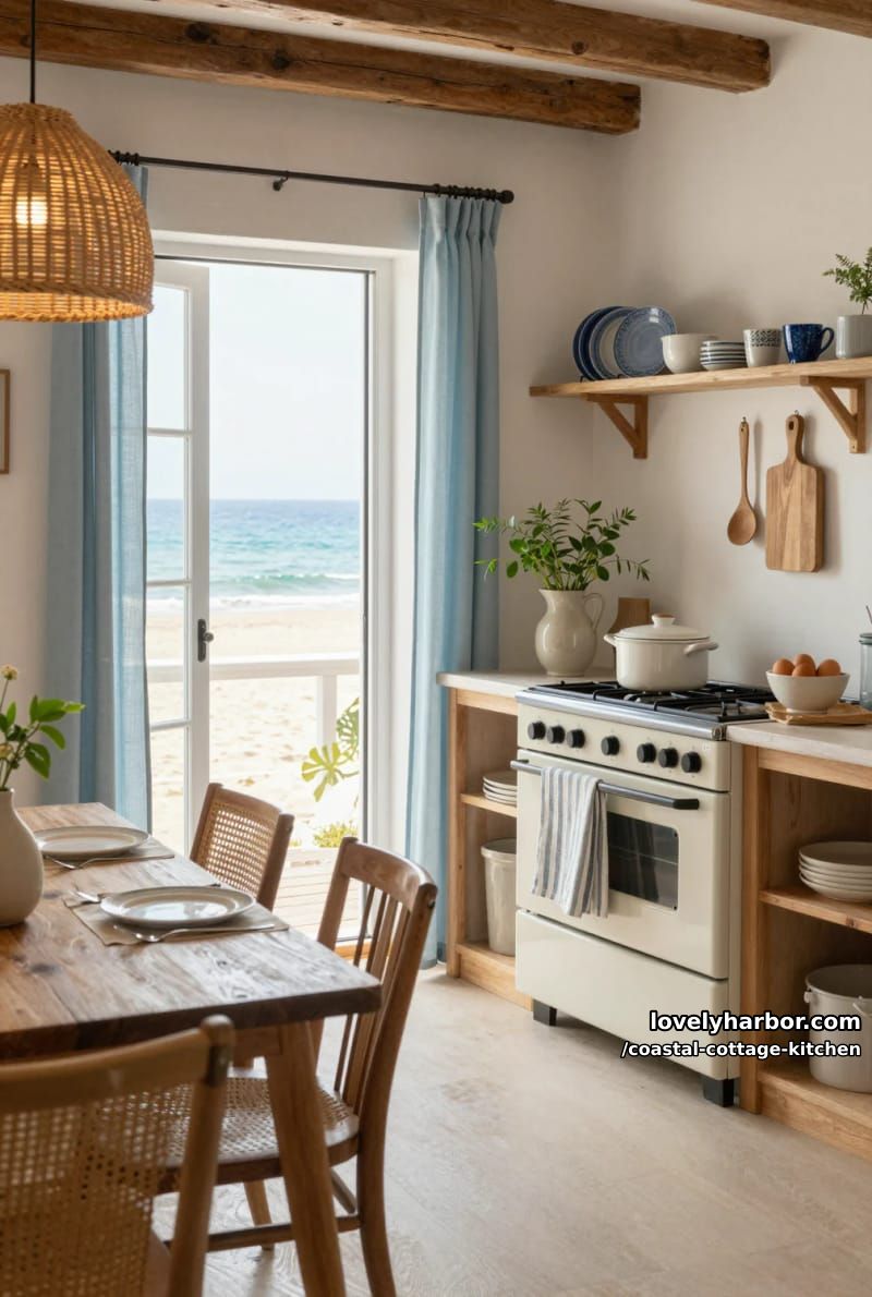 20 Coastal Cottage Kitchens With Worn-In Beach House Feel 19 coastal kitchen with beach view, blue curtains, and vintage stove. 1