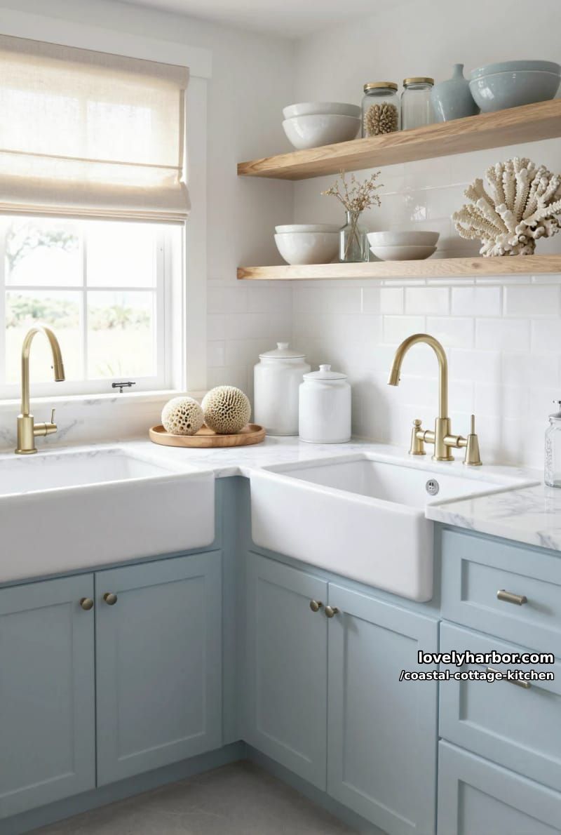 20 Coastal Cottage Kitchens With Worn-In Beach House Feel 10 coastal kitchen with blue cabinets, marble counters, and open shelving. 1