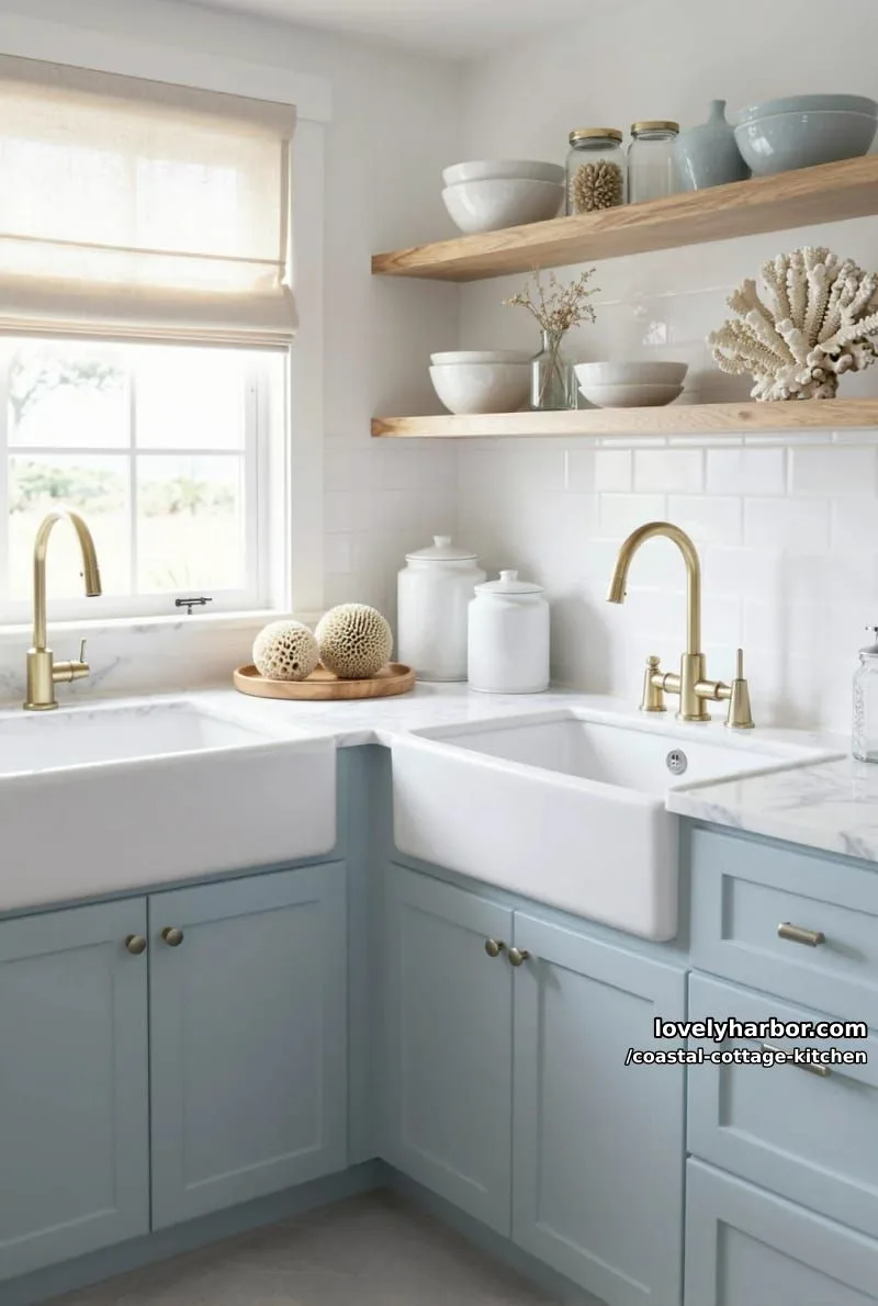 coastal kitchen with blue cabinets, marble counters, and open shelving. 1