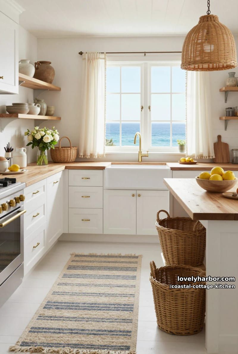 20 Coastal Cottage Kitchens With Worn-In Beach House Feel 14 coastal kitchen with ocean view, wood countertops, and rattan pendant. 1
