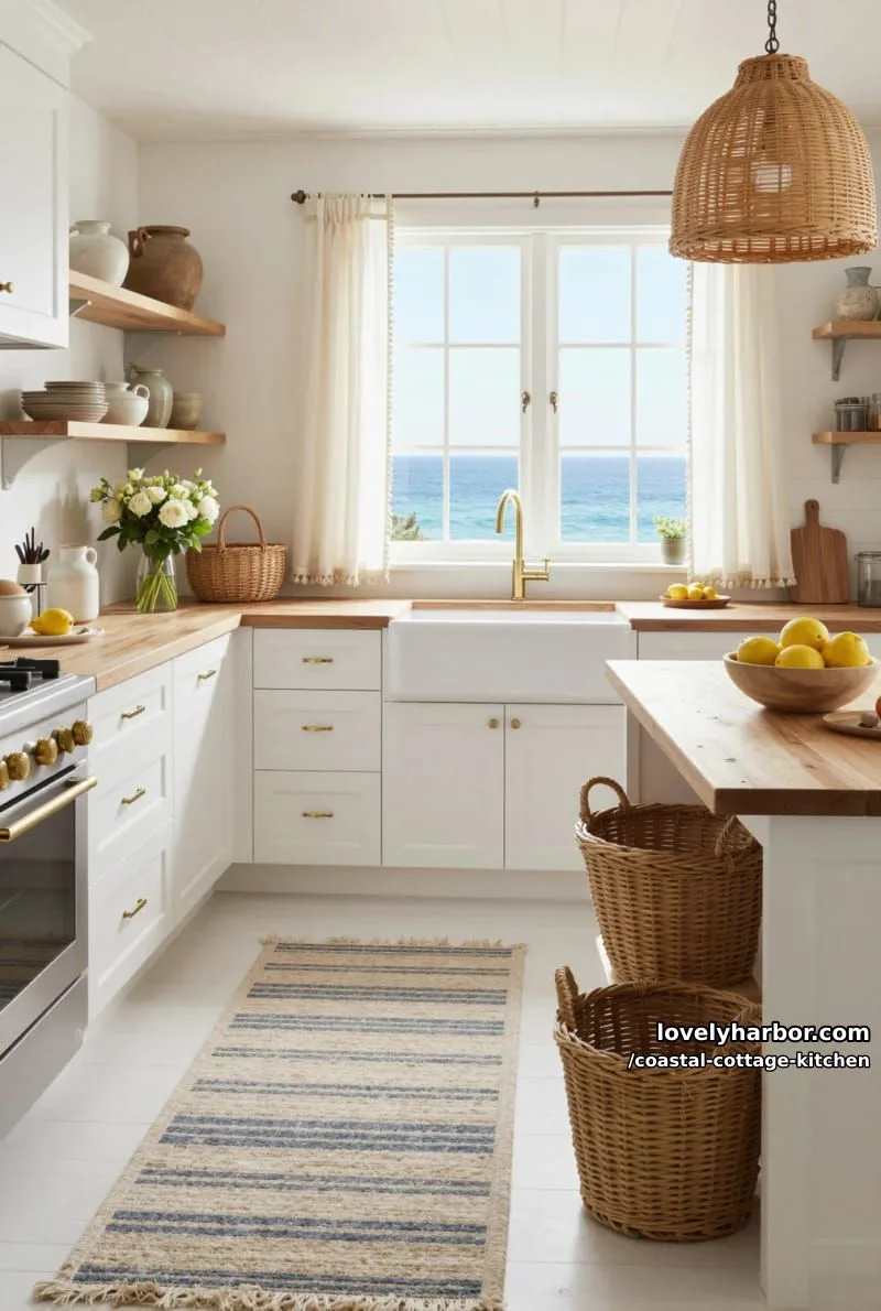 coastal kitchen with ocean view, wood countertops, and rattan pendant. 1