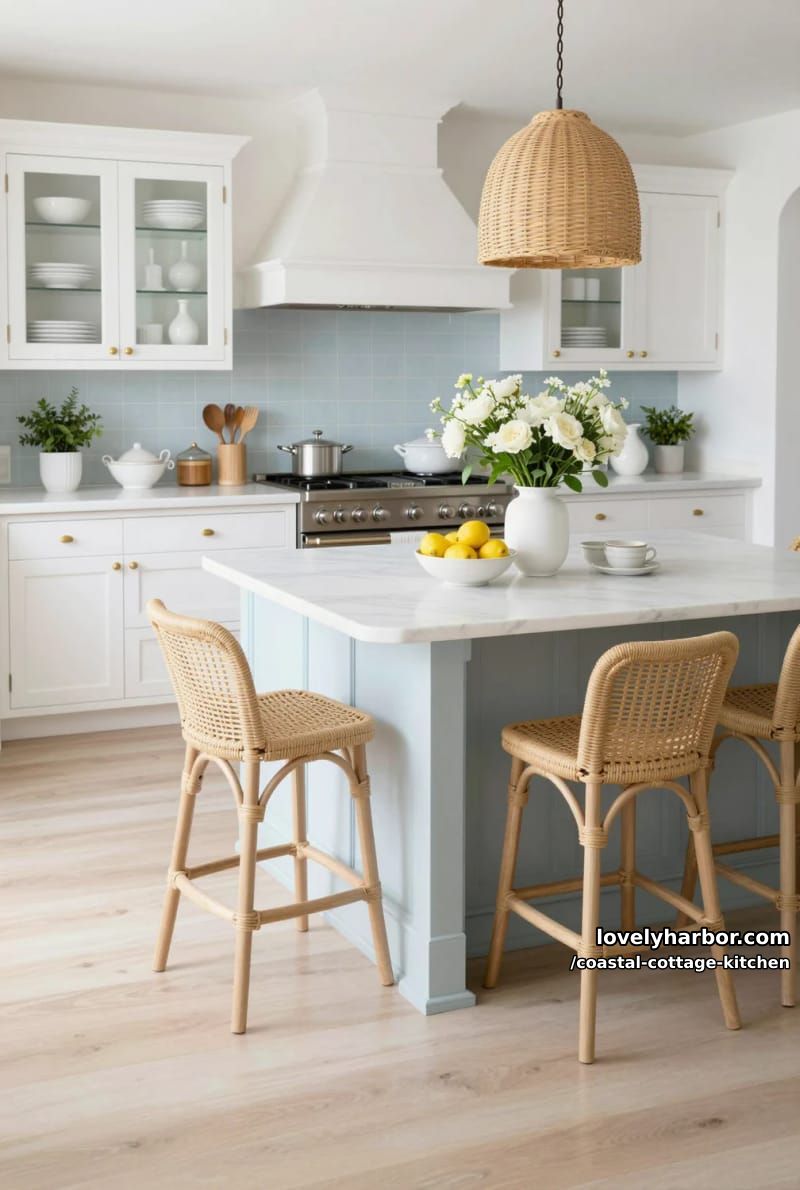 20 Coastal Cottage Kitchens With Worn-In Beach House Feel 4 coastal kitchen with rattan pendant lights and blue island. 1