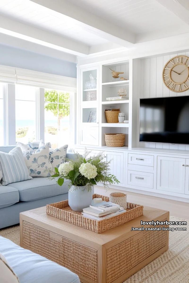19 Small Coastal Living Room Ideas for Effortless Style 7 coastal living room with blue and white scheme, large coffee table, and built-ins 1