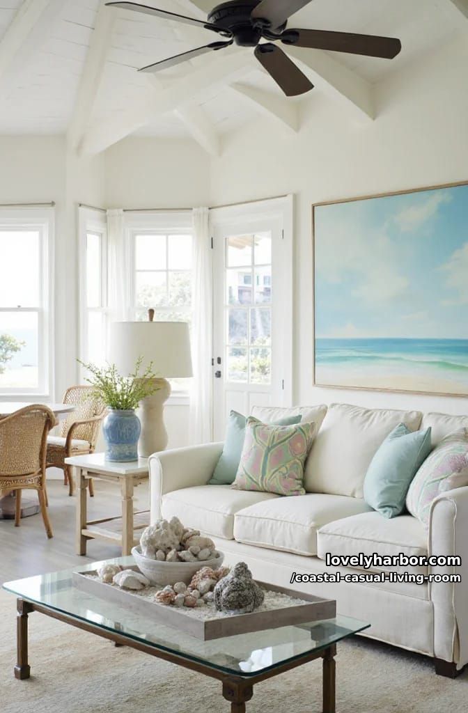 coastal living room with glass coffee table, patterned pillows, and ocean art. 1