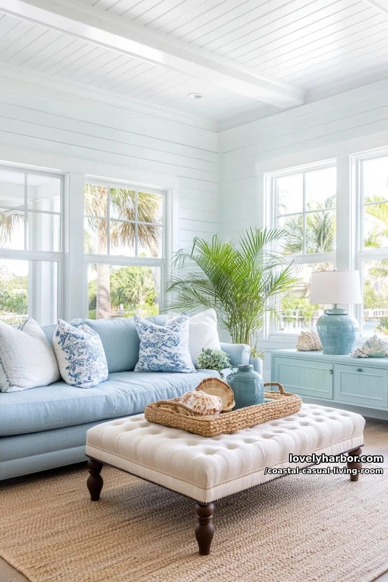 coastal living room with pastel blue sofa, tufted ottoman, and seashell decor. 1