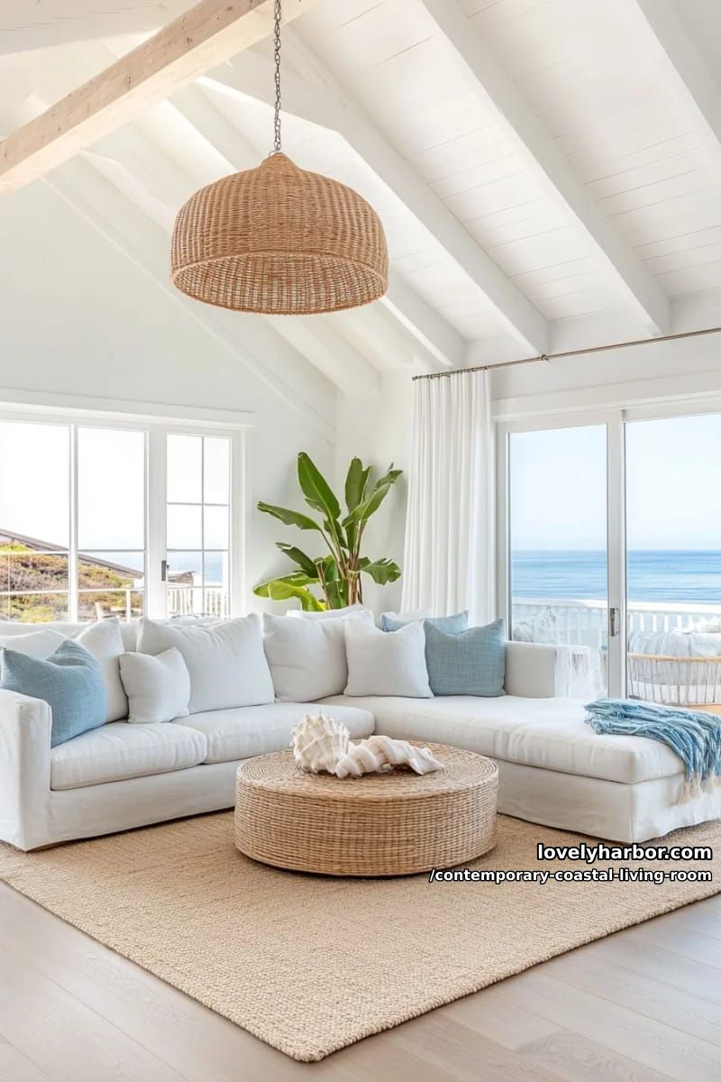 19 Contemporary Coastal Living Rooms With Clean Modern Edge 17 coastal living room with vaulted ceiling, white sofa, rattan coffee table, and panoramic ocean view. 1