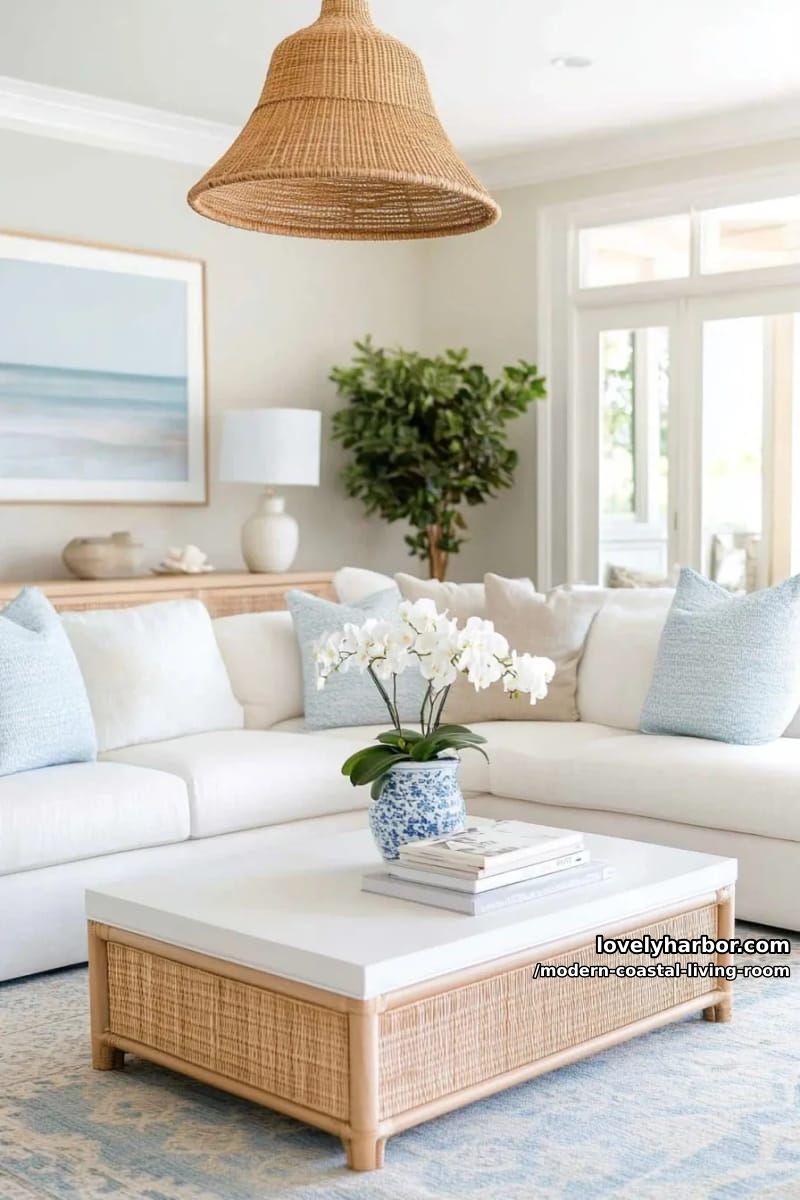 coastal living room with white sectional and blue, beige accents. 1